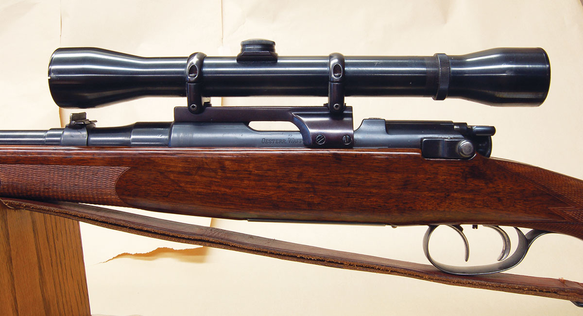Leupold sold its Adjusto-Mount in 26mm for Mannlicher-Schoenauer in the 1950s. A shim inside the rings holds a 1-inch Weaver K4 replacement scope.
